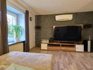 a bedroom with a flat screen television on a dresser at Ferienwohnung Grüner Flamingo in Freisen