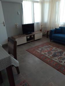 un soggiorno con TV e divano blu di Flat Close to Sea with Balcony in Seferihisar a Smirne
