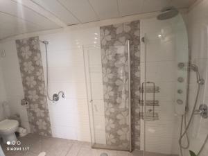 uma casa de banho com um chuveiro e um WC. em bugrashov 13 room em Tel Aviv