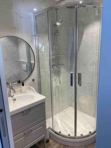 La salle de bains est pourvue d'une douche et d'un lavabo. dans l'établissement Studio refait à neuf en hypercentre avec balcon, à Aix-les-Bains
