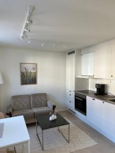 a living room with a couch and a table at Cosy 2-rooms apartment in the city center in Tromsø +15 photos