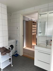 a bathroom with a sink and a washing machine at Cosy 2-rooms apartment in the city center in Tromsø