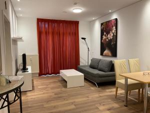帕紹的住宿－Ferienwohnung am Inn Passau，带沙发和红色窗帘的客厅