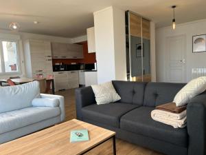 a living room with a couch and a table at Léman Panoramique avec terrasse à deux pas du centre-ville in Évian-les-Bains