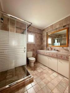 Un baño con ducha, inodoro y lavabo. en Villa Edem, en Ayía Kiriakí