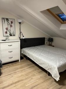 1 dormitorio con 1 cama y vestidor blanco en Pokoje u Asi en Augustów