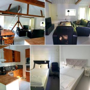 eine Collage mit Fotos von einem Schlafzimmer und einem Wohnzimmer in der Unterkunft Sönerna på Nordgrenska semesterboende 12B in Åmål