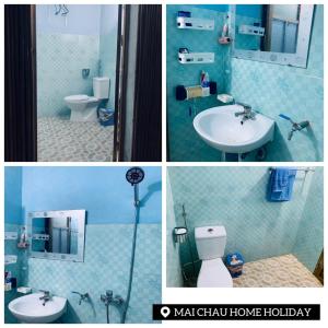 three pictures of a bathroom with a toilet and a sink at Mai Chau Home Holiday in Mai Chau