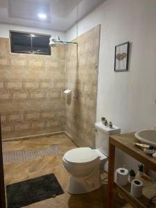 een badkamer met een toilet, een douche en een wastafel bij Casa Vista Cafe in Cartago