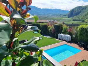 una piscina en un jardín con vistas a las montañas en Hofer Hof, en Andrian