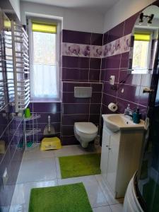 a purple bathroom with a toilet and a sink at Zgorzanka in Istebna