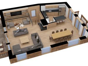 a floor plan of a kitchen and living room at Chalet moderne à Méribel avec jacuzzi et sauna - FR-1-566-30 in Les Allues
