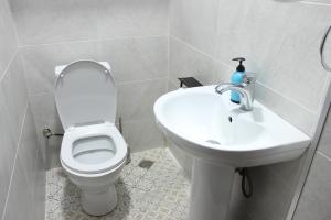 a bathroom with a white toilet and a sink at Hostel 47 in Batumi