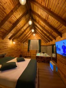Schlafzimmer mit einem Bett und einem Flachbild-TV in der Unterkunft Zennat bungalov 