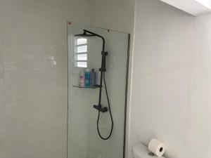 łazienka z prysznicem z głowicą prysznicową w obiekcie Gorgeous 1-Bedroom Beachside Suite w mieście San Juan