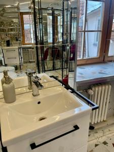 un bagno con un lavandino bianco e uno specchio di Home Sweet Home a Riga