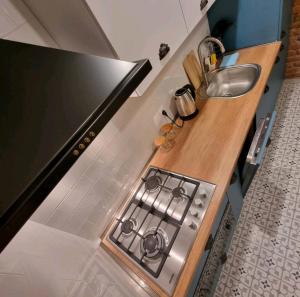 una cocina con estufa horno superior al lado de un fregadero en Plexanovi Apart, en Tiflis