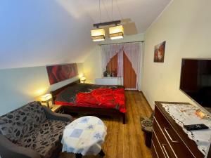 a bedroom with a bed and a couch and a tv at Red Rose in Władysławowo