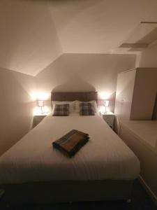 1 dormitorio con 1 cama grande y 2 lámparas. en Lealt Falls House, en Culnacnoc