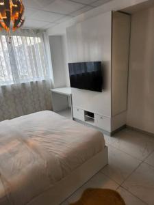 1 dormitorio con 1 cama y TV de pantalla plana en Hello-Guyane, Marina 2, Studio Prestige 5 étoiles, en Saint-Laurent-du-Maroni