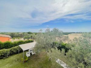 een uitzicht over de tuin met een bank bij Villa in campagna tra natura e verde in Montalto di Castro