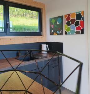 eine Küche mit einem Waschbecken und einem Fenster in der Unterkunft Odenwald-Lodge mit Infrarotsauna und E-Ladestation "Haus Purpur" in Reichelsheim