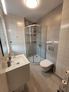 y baño con ducha, aseo y lavamanos. en Apartament Wierzbowa 6 z klimatyzacja (air-conditioning), en Poznan