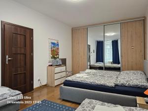 1 dormitorio con 2 camas y espejo en GAJ Apartment - Air condition - Free Parking, en Cracovia