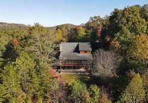 uma vista aérea de uma casa na floresta em Dream Catcher- Blue Ridge GA em Blue Ridge