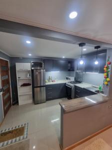a large kitchen with blue cabinets and stainless steel appliances at Cabaña in Ancud