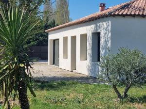 ein weißes Haus mit einer Palme davor in der Unterkunft villa avec studio indépendant et piscine in Jonquières