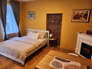 - une chambre avec un lit et une cheminée dans l'établissement Center Gradec Apartment, à Zagreb