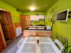 eine Küche mit grünen Wänden sowie einem Tisch und Stühlen in der Unterkunft Il Nido Dell'Aquila-Piancavallo in Piancavallo