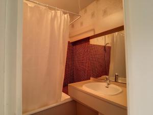 łazienka z umywalką i zasłoną prysznicową w obiekcie Appartement T2 Climatisé avec Loggia et Parking à Carnon - FR-1-715-40 w mieście Mauguio