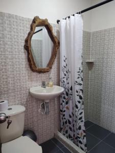 uma casa de banho com um lavatório, um WC e um espelho. em Hostal Casa Madrigal em Filandia