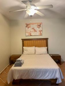 Schlafzimmer mit einem Bett und einem Deckenventilator in der Unterkunft Disfruta de tus vacaciones en Bávaro/Punta Cana in Punta Cana
