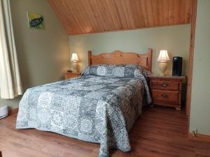 ein Schlafzimmer mit einem Bett und zwei Nachttischen mit Lampen in der Unterkunft La Nef Bleu in Tadoussac