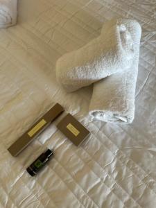 a bed with a white towel and a bottle of wine at Assos BLUE house in Asos