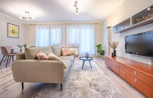 a living room with a couch and a flat screen tv at Apartmány Luhačovice, Royal in Luhačovice