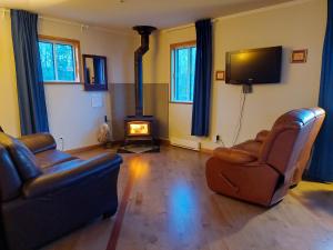 泰道沙克的住宿－La Nef Bleu，客厅配有2把皮椅和壁炉