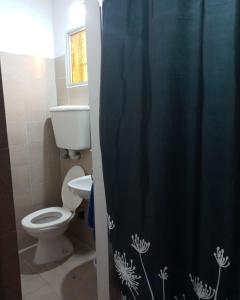 a bathroom with a toilet and a shower curtain at Bahía Estrada MDP in Mar del Plata