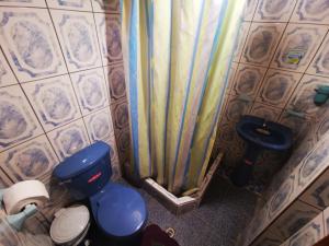 a bathroom with a blue toilet and a shower curtain at LA TRANQUILIDAD in Mindo