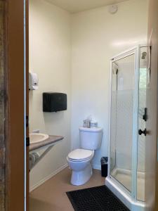 a bathroom with a toilet and a sink and a shower at The Hiker Huts in Port Renfrew