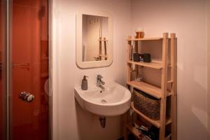 a bathroom with a sink and a mirror at 3-Raum-Appartement Hygge in Sassnitz +16 photos