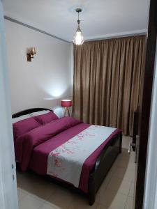 una camera da letto con un letto con lenzuola viola e una finestra di apartment in centre ville a Rabat