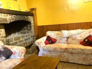 uma sala de estar com um sofá e uma lareira em Cottage in the heart of the Ardennes woods em Harre