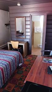 Habitación de hotel con cama, escritorio y espejo. en White Pine Motel en Ely