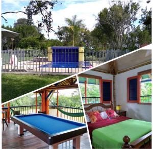 two pictures of a pool table in a backyard at RanchoVista coffee ring The land of Encanto in Quimbaya