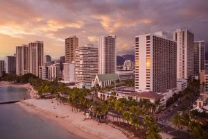 a view of a city with a beach and buildings at Waikiki Beach Marriott Resort & Spa in Honolulu