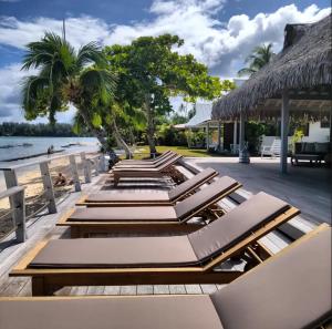 a row of chairs and tables on a beach at Moorea Island Beach Hotel in Moorea